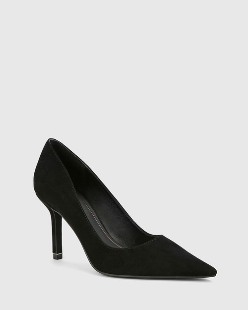 Quendra Black Suede Gold Trim Pointed Toe Pump