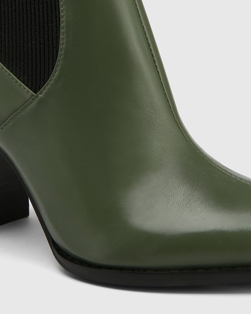 Holler Olive Green Leather Block Heel Ankle Boot & Wittner & Wittner Shoes