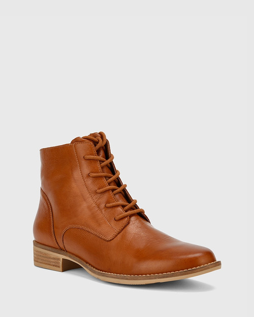 Carver Cognac Leather Lace Up Flat Ankle Boot.