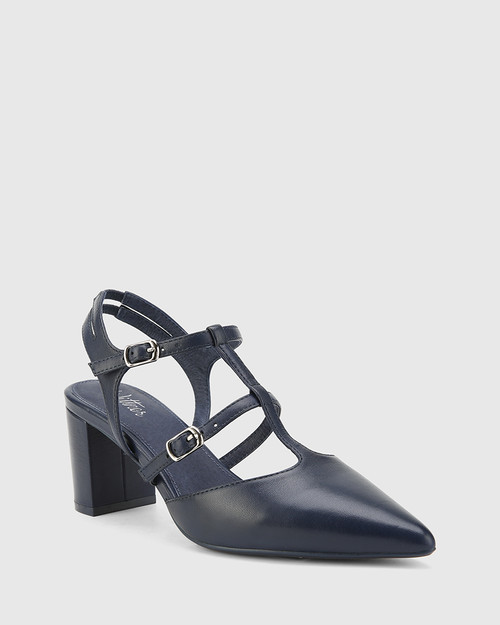 Davor Oxford Blue Leather Pointed Toe Block Heel.