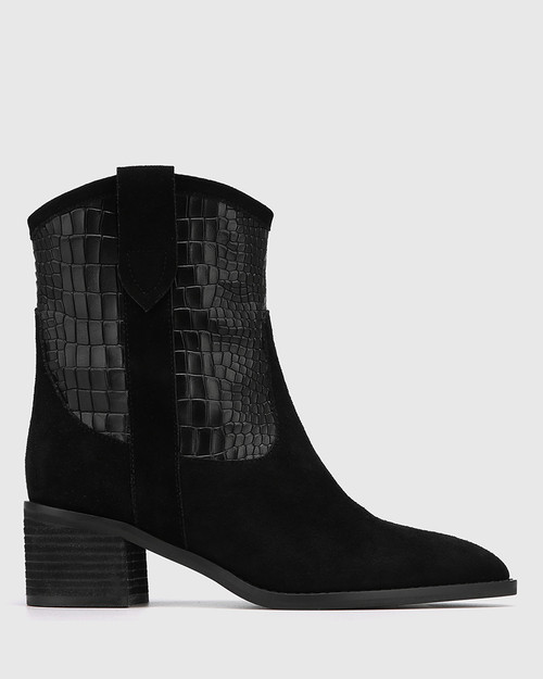 Jimmie Black Suede Leather Croc-Embossed Ankle Boot & Wittner & Wittner Shoes