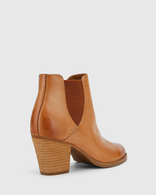 Kessie Tan Leather Round Toe Stack Heel Ankle Boot. & Wittner & Wittner Shoes