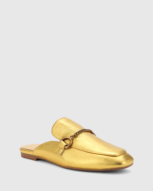 Lawson Gold Leather Gold Hardware Detail Flat Mule. 
