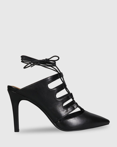Handre Black Leather Lace Up Heeled Mule