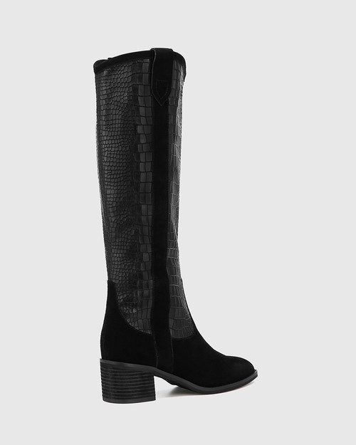 Juliet Black Suede Leather Croc Embossed Long Boot & Wittner & Wittner Shoes