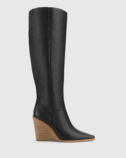 Habacus Black Leather Wedge Heel Long Boot