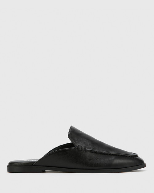 Anzel Black Leather Almond Toe Flat 