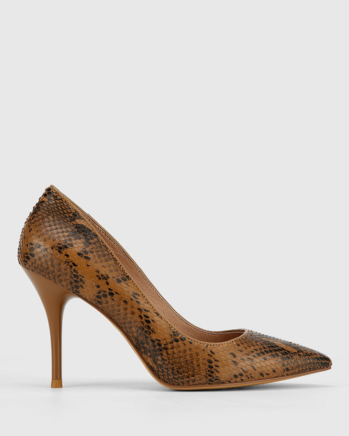 Hughes Camel Snake Print Leather Pointed Toe Stiletto Heel. & Wittner & Wittner Shoes