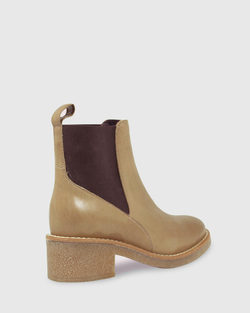 Kalinda Beige Leather Stretch Round Toe Block Heel Ankle Boot. & Wittner & Wittner Shoes