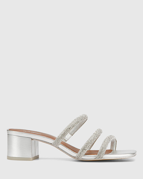 Gravity Silver Leather Block Heel Sandal With Diamantes & Wittner & Wittner Shoes
