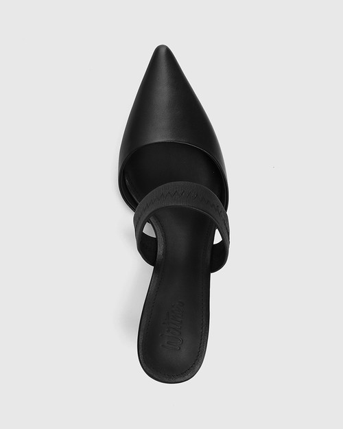 Pettie Black Leather Stiletto Heel Mule
