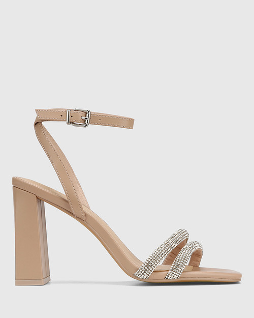 Rosalie New Flesh Leather Block Heel Sandal With Diamantes