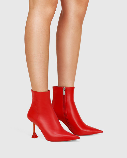 red ankle high heel boots