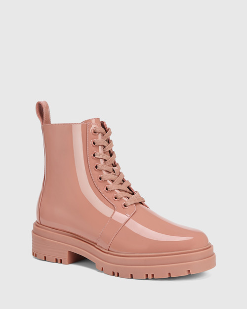 Abbie Tawny Pink Patent Leather Lace Up Ankle Boot 
