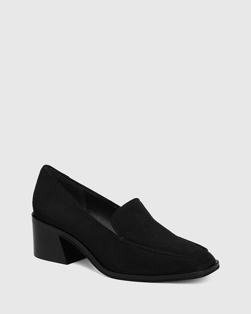 Oriana Black Suede Block Heel Loafer 