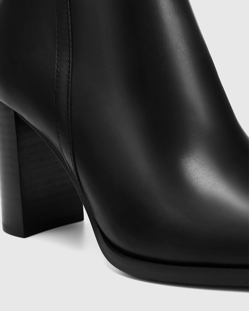 Harmon Black Leather Block Heel Ankle Boot