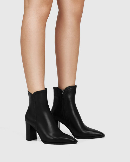 Harmon Black Leather Block Heel Ankle Boot