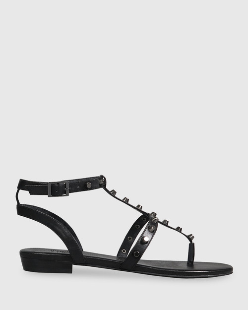 Seanna Black Leather Stud Detail Flat Sandal. & Wittner & Wittner Shoes