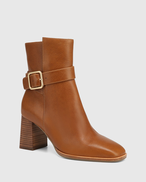 Remi Dark Cognac Leather Block Heel Ankle Boot