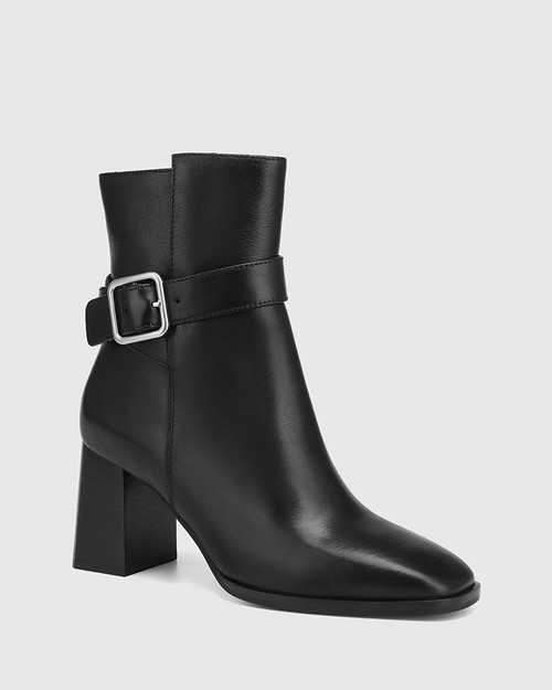 Remi Black Leather Block Heel Ankle Boot