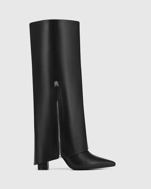 Harran Black Leather Blocked Heel Long Boot