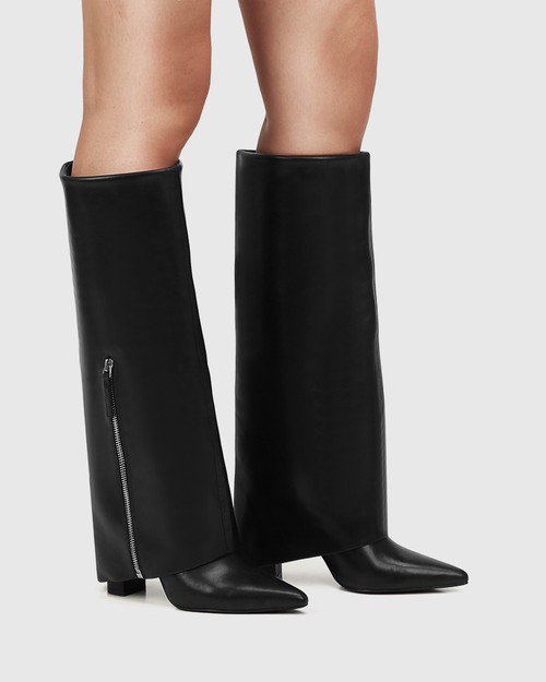 Harran Black Leather Blocked Heel Long Boot