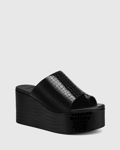 Stacey Black Croc Embossed Patent Leather Flatform Slide  & Wittner & Wittner Shoes