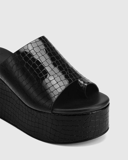 Stacey Black Croc Embossed Patent Leather Flatform Slide  & Wittner & Wittner Shoes