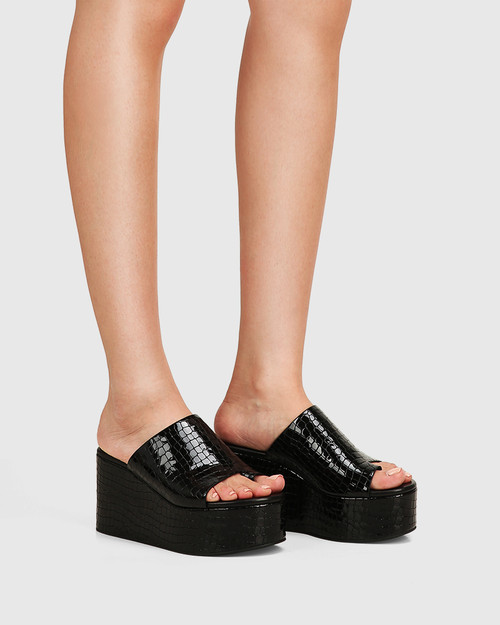 Stacey Black Croc Embossed Patent Leather Flatform Slide  & Wittner & Wittner Shoes