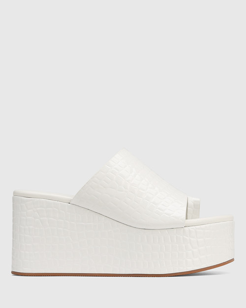 Stacey White Mini Croc Embossed Patent Flatform Slide