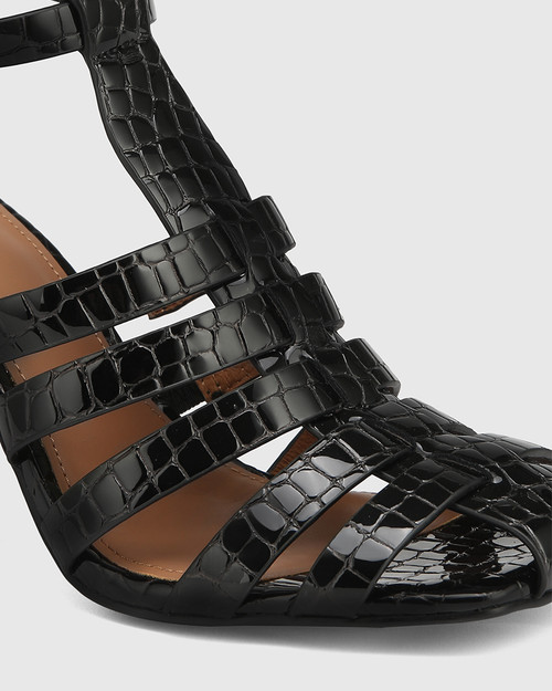 Roya Black Croc Embossed Patent Leather Flared Heel Sandal  & Wittner & Wittner Shoes