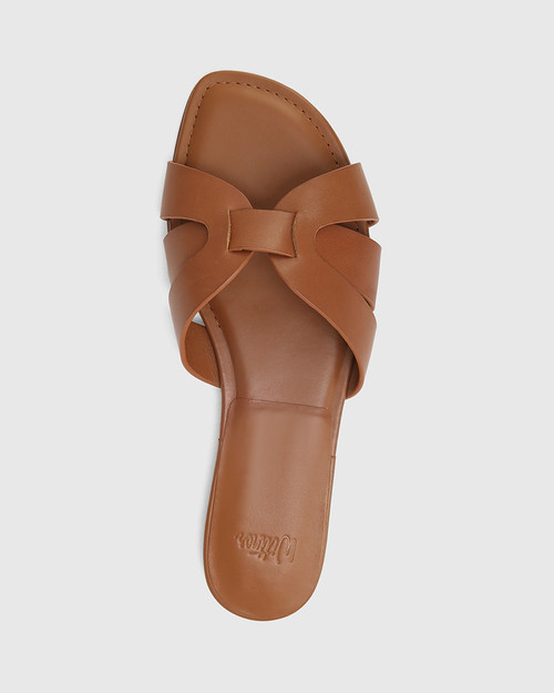 Caroline Dark Cognac Leather Flat Sandal