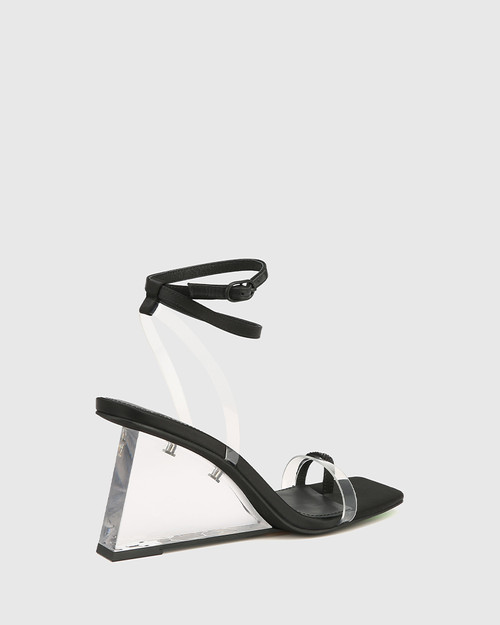 Rowly Black Satin And Clear Vinyl Wedge Heel Sandal & Wittner & Wittner Shoes