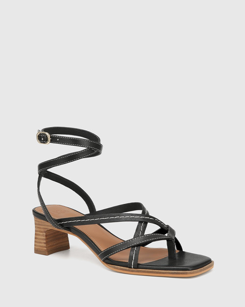 Juno Black Leather Block Heel Sandal