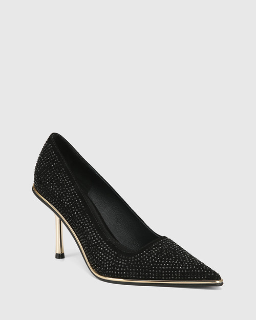 Qandace Black Suede Stiletto Heel Pump With Diamante & Wittner & Wittner Shoes