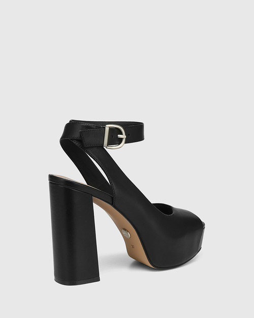 Wren Black Leather Block Heel Platform Sandal