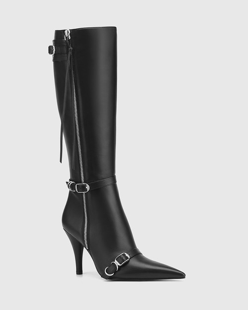 Valencia Black Leather Cone Heel Long Boot