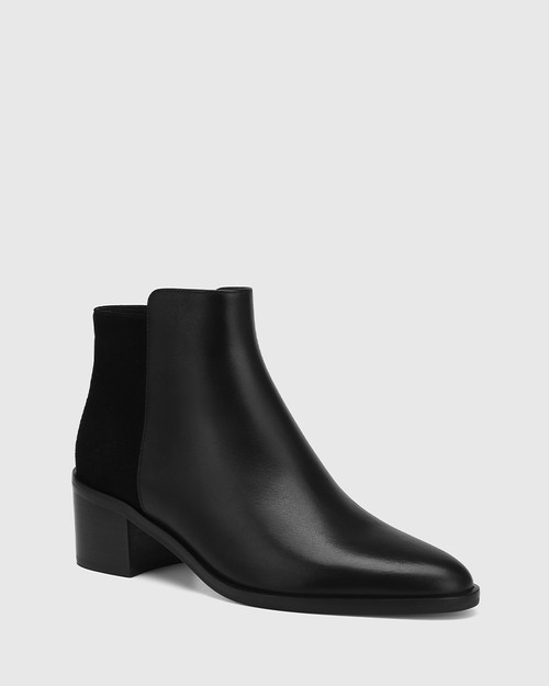 Judith Black Leather and Suede Block Heel Ankle Boot