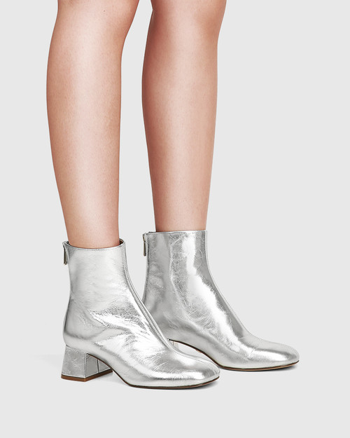 Ines Silverware Crinkle Metallic Leather Block Heel Ankle Boot & Wittner & Wittner Shoes