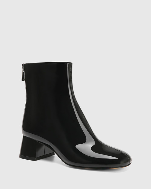 Ines Black Patent Leather Block Heel Ankle Boot