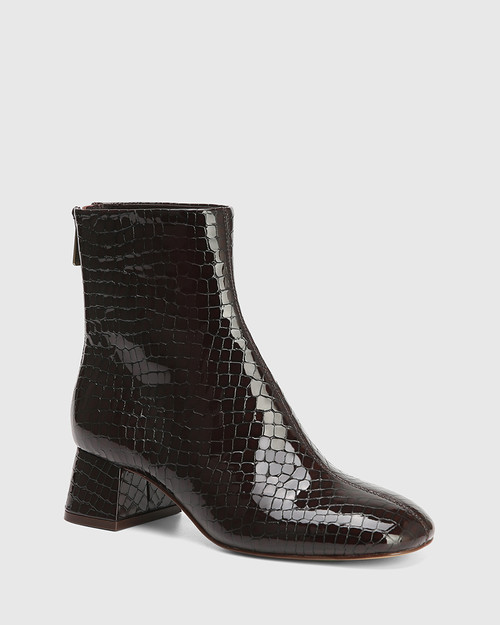 Ines Brown Croc Embossed Patent Leather Block Heel Ankle Boot & Wittner & Wittner Shoes