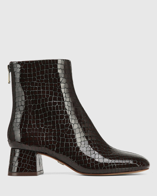 Ines Brown Croc Embossed Patent Leather Block Heel Ankle Boot & Wittner & Wittner Shoes