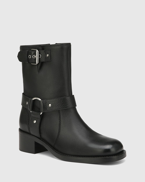 Franz Black Leather Block Heel Ankle Boot