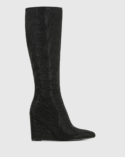 Twinkles Black Diamante Suede Leather Long Wedge Boot & Wittner & Wittner Shoes