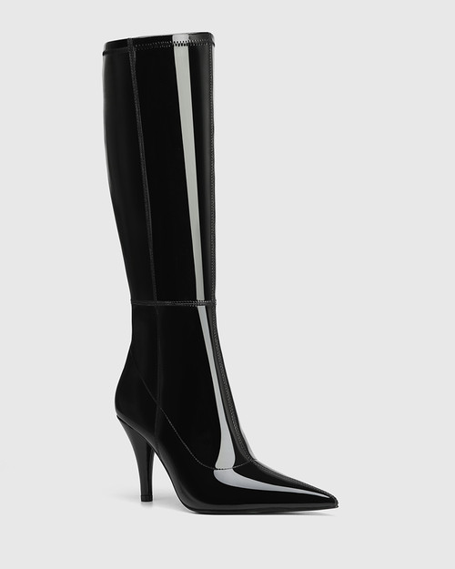 Varon Black Patent Leather Cone Heel Long Boot 