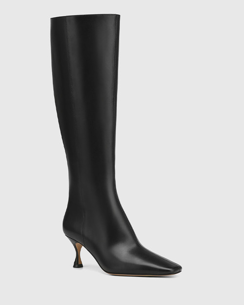 Louvin Black Leather Kitten Heel Long Boot