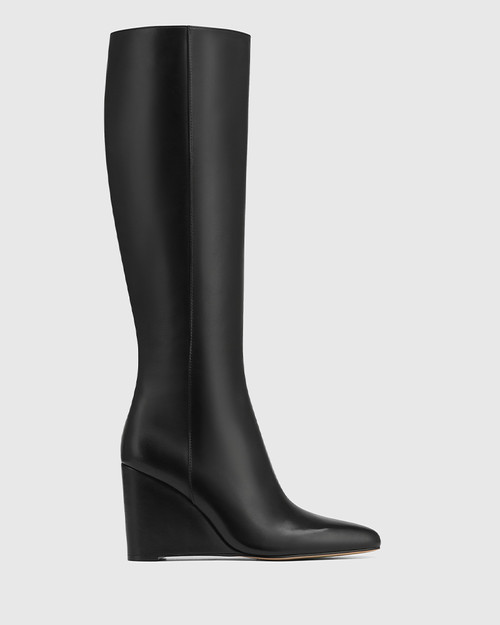 Tayla Black Leather Wedge Heel Long Boot & Wittner & Wittner Shoes
