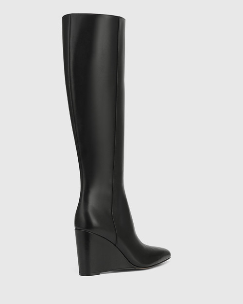 Tayla Black Leather Wedge Heel Long Boot & Wittner & Wittner Shoes