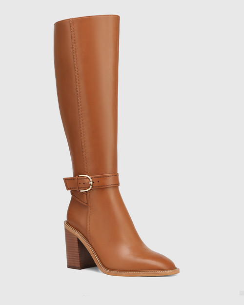 Pheo Dark Cognac Leather Block Heel Long Boot