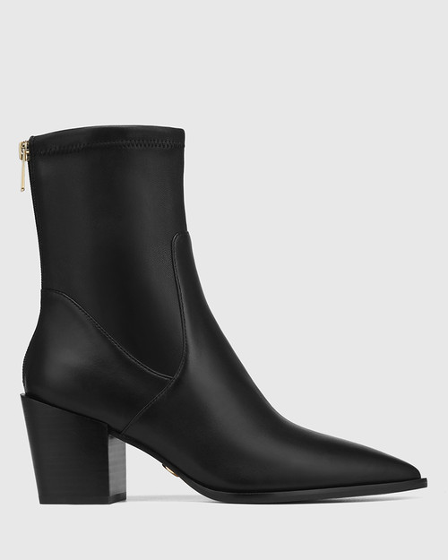 Black Leather Pointed Block Heel Ankle Boots | New Look